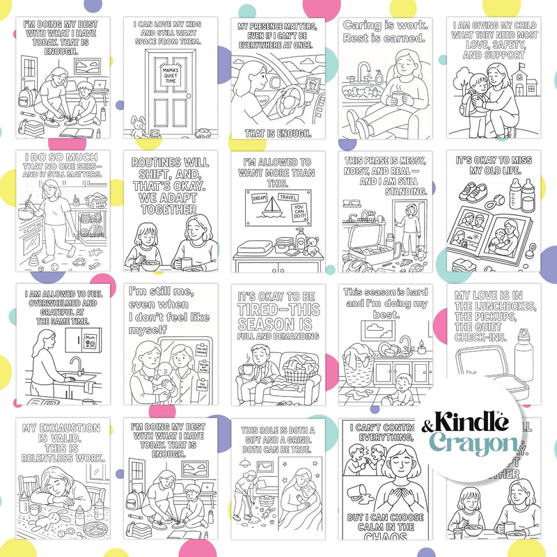 Coloring pages featuring parenting affirmations for self-care and encouragement, ideal for parents and caregivers.