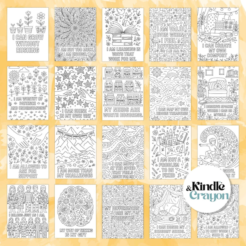 Collection of 100 mindfulness affirmation coloring pages for neurodivergent individuals, featuring positive affirmations.