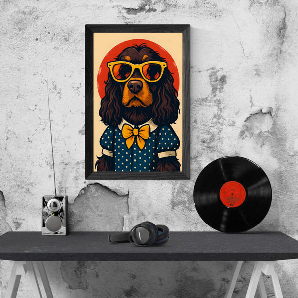 Retro Cocker Spaniel wall art featuring a stylish dog in polka dots and sunglasses, perfect for home decor.