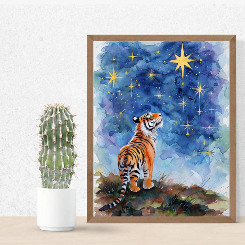 Starry Night Tiger Digital Wall Art – Watercolor Printable for Preppy & Kitsch Decor
