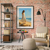 Coastal Cowgirl Wall Art in a stylish living room featuring a serene beach scene and rustic decor.