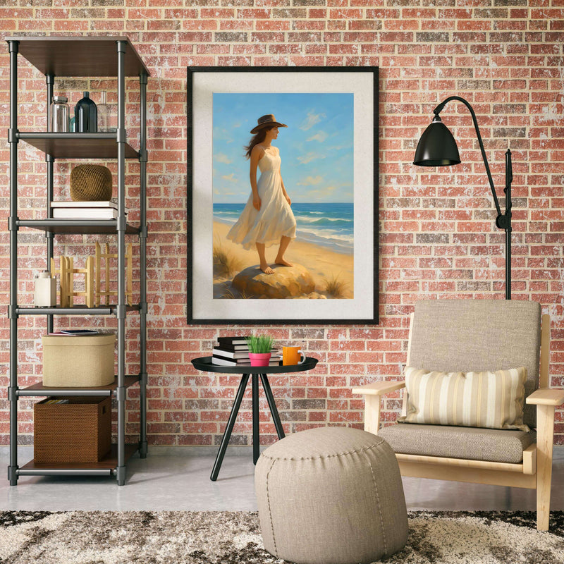 Coastal Cowgirl Wall Art in a stylish living room featuring a serene beach scene and rustic decor.