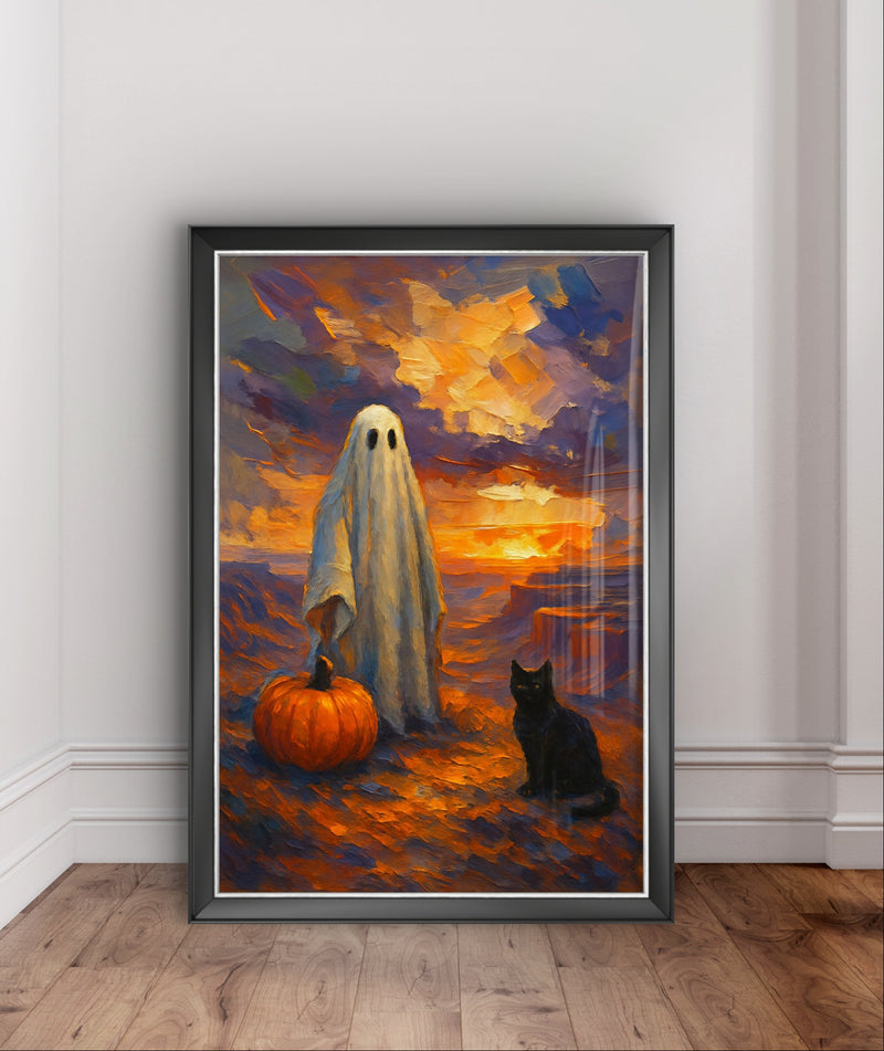 Printable Halloween Wall Art Ghost with Pumpkin and Black Cat at Sunset