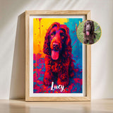 Custom colorful pet portrait of a dog named Lucy, vibrant abstract painting in a wooden frame.