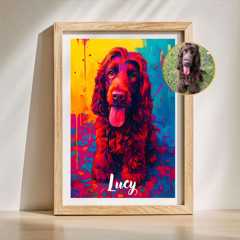 Custom colorful pet portrait of a dog named Lucy, vibrant abstract painting in a wooden frame.