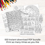 Neurodivergent coloring book bundle showcasing 100 affirmation coloring pages for mindfulness and creativity.