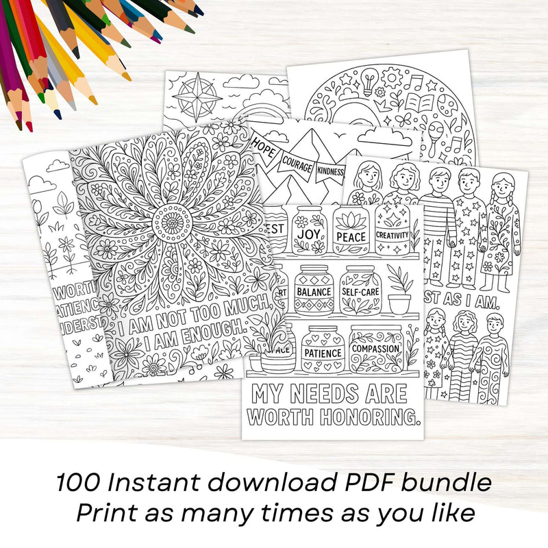 Neurodivergent coloring book bundle showcasing 100 affirmation coloring pages for mindfulness and creativity.