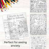 Neurodivergent coloring book pages with affirmations for mindfulness and anxiety relief.