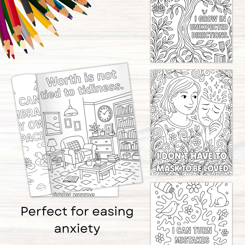 Neurodivergent coloring book pages with affirmations for mindfulness and anxiety relief.