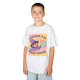 Kids Magical Kindness Tee featuring a child in a playful design with 'Kindness is My Magic Power' slogan.