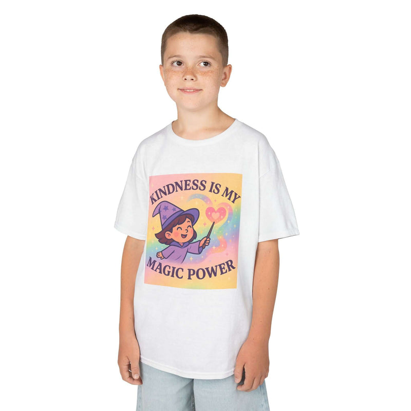 Kids Magical Kindness Tee featuring a child in a playful design with 'Kindness is My Magic Power' slogan.