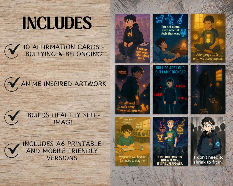Anime Affirmation Cards for Teen Boys – Bullying & Belonging