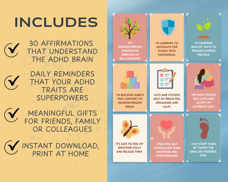 ADHD affirmation cards showcasing 30 unique affirmations for neurodivergent minds, promoting self-acceptance and personal growth.