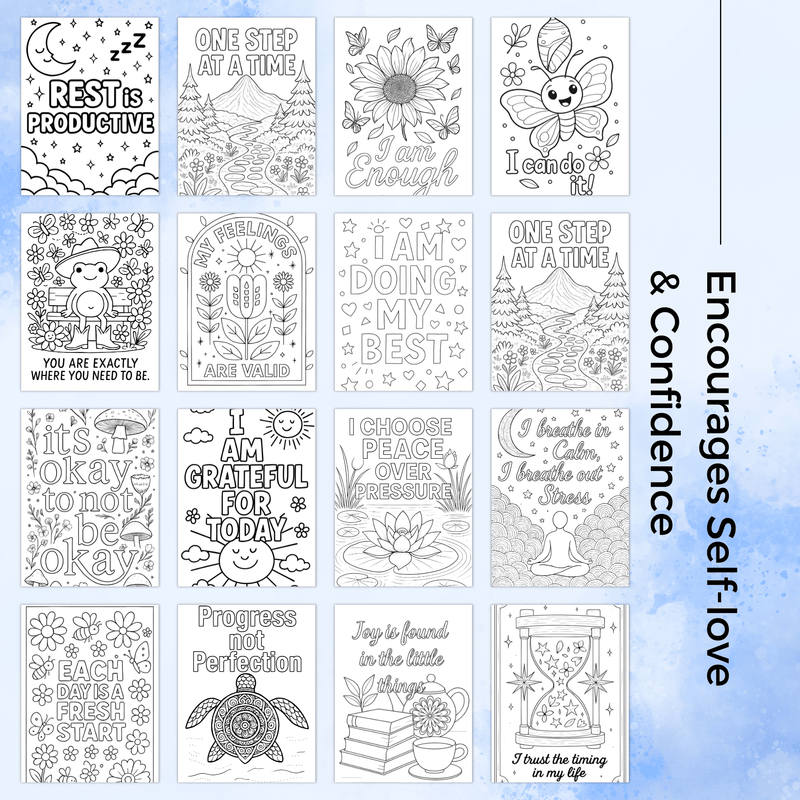15 printable affirmation coloring pages promoting self-love and confidence for teens and adults.