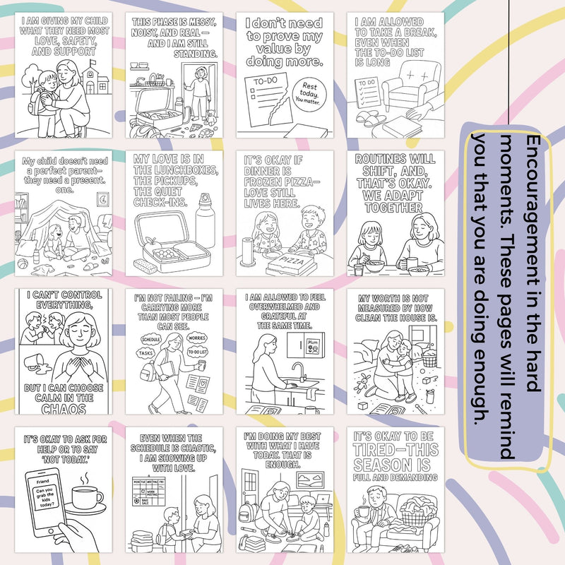 Printable affirmation coloring pages for parents offering encouragement and self-care reminders for busy caregivers.
