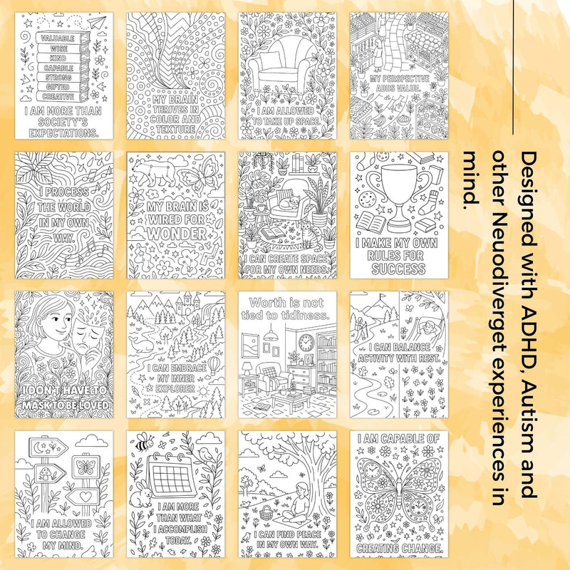 Neurodivergent coloring book pages featuring affirmations for mindfulness and empowerment.