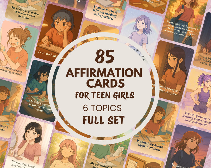 Empowering Teen Girl Affirmation Cards Set of 85 | 6 Topics for Confidence, Body Image, Mental Health & Resilience