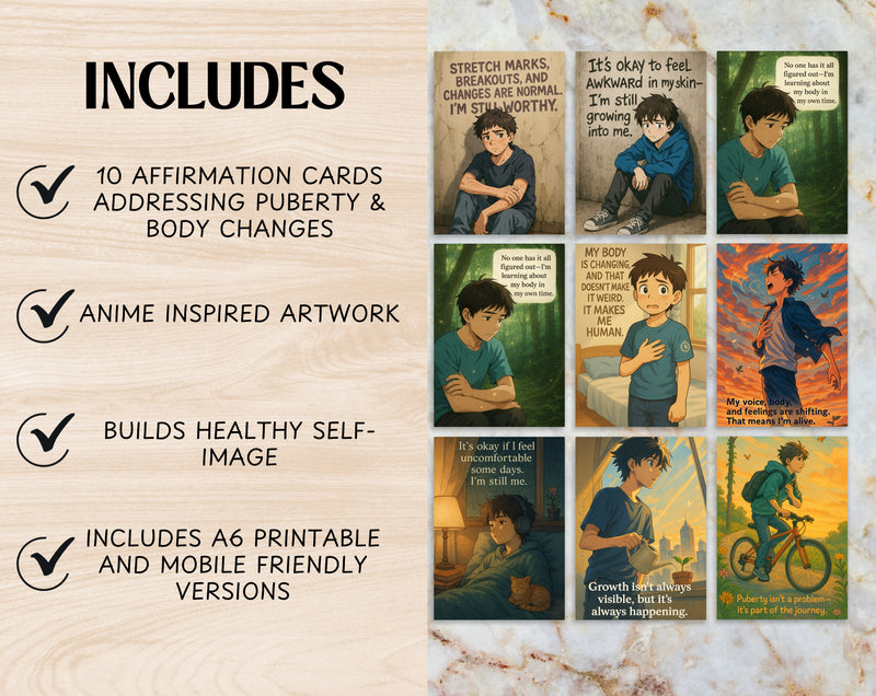Anime Affirmation Cards for Teen Boys – Set 4 Puberty & Body Changes Printable