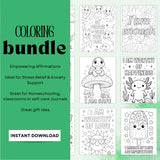 Mental health coloring sheets with positive affirmations for stress relief and self-care support, featuring uplifting designs.