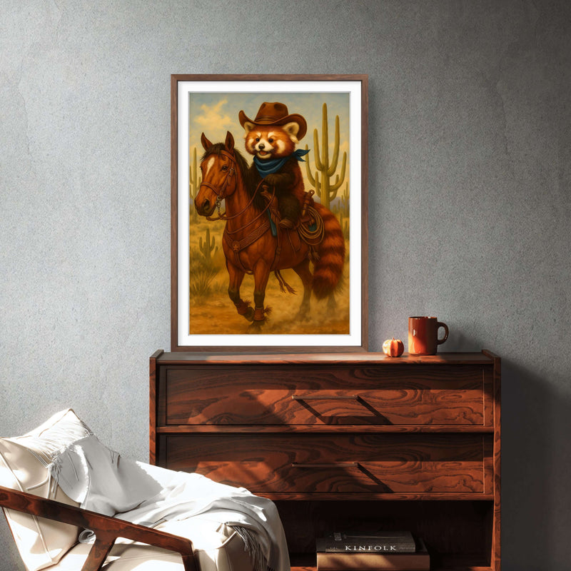Cowboy Red Panda Digital Art Print,  Western Animal Wall Decor, Cute Rustic Country Style