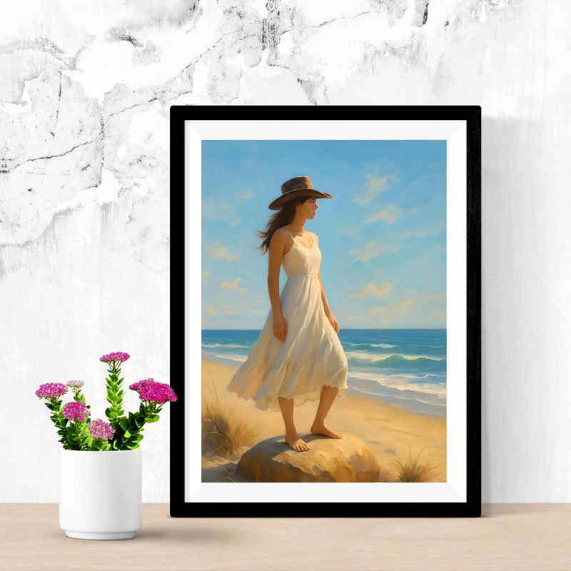Coastal Cowgirl Wall Art featuring a woman in a white dress by the beach, perfect for rustic farmhouse decor.