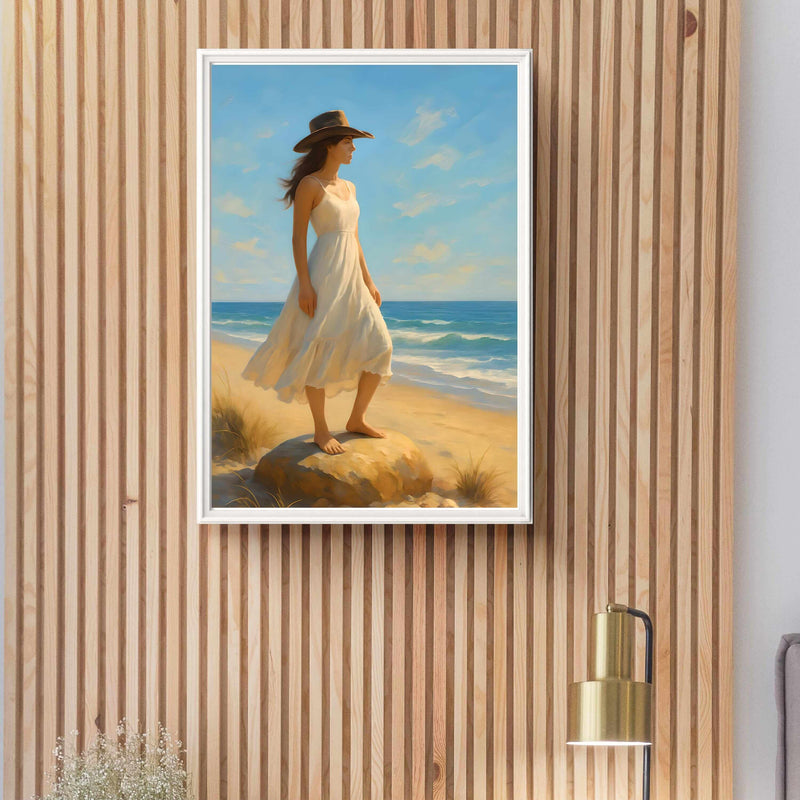 Coastal Cowgirl Wall Art featuring a woman in a white dress on a beach, blending coastal and western decor.