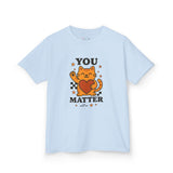 Light blue kids tee with cartoon cat and 'YOU MATTER' message, promoting positivity for children.