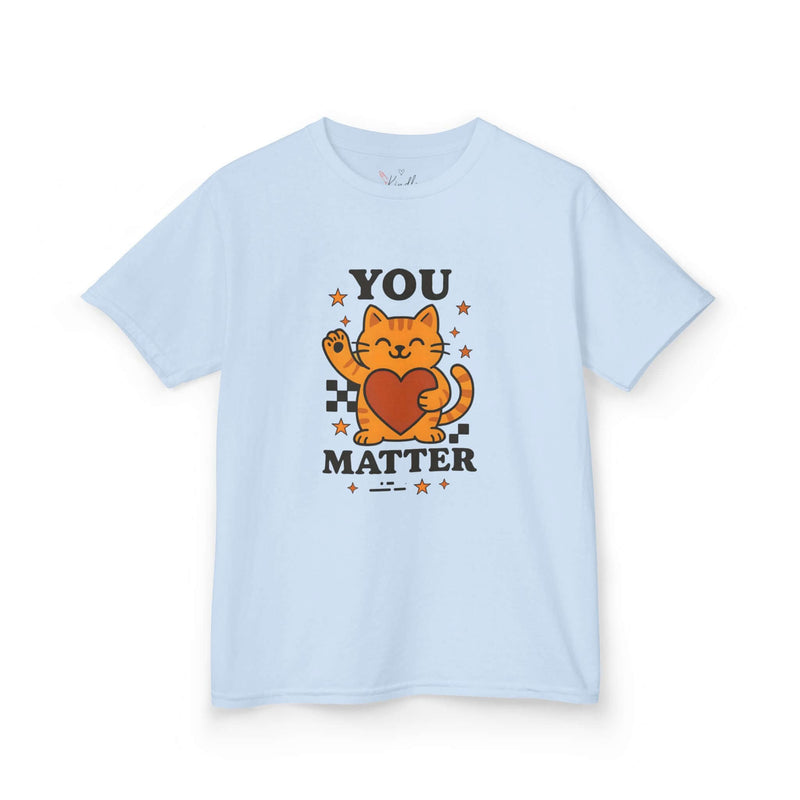 Light blue kids tee with cartoon cat and 'YOU MATTER' message, promoting positivity for children.