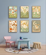Farm animal nursery wall art set featuring 6 watercolor prints of geese and flowers, perfect for baby room decor.
