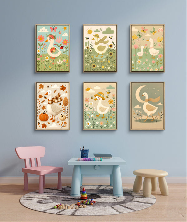Farm animal nursery wall art set featuring 6 watercolor prints of geese and flowers, perfect for baby room decor.