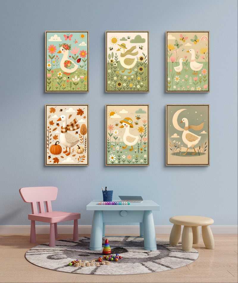 Farm animal nursery wall art set featuring 6 watercolor prints of geese and flowers, perfect for baby room decor.
