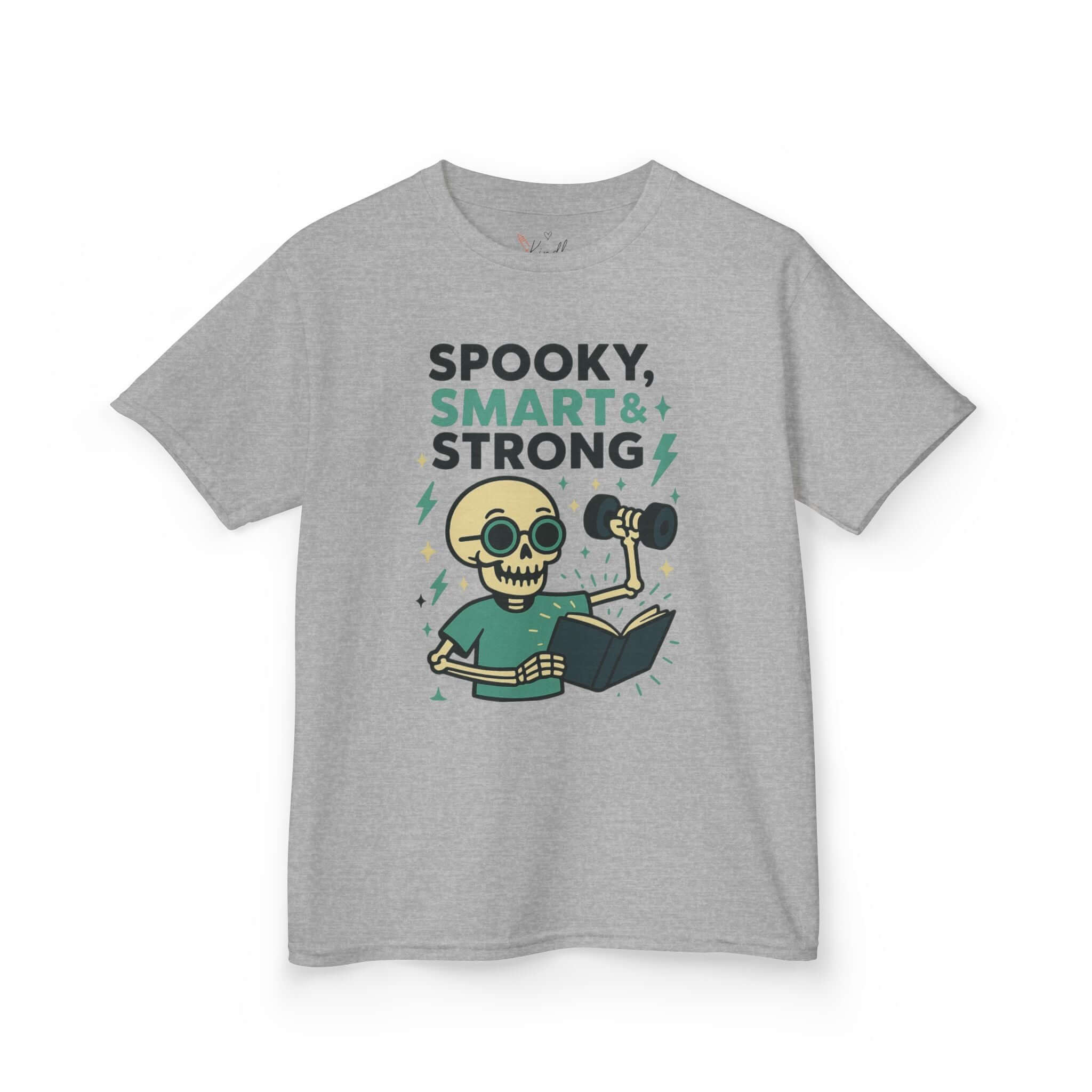 Spooky Smart & Strong Kids Tee featuring a playful skeleton design, perfect for Halloween and casual wear.