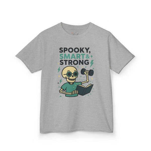 Spooky Smart & Strong Kids Tee featuring a playful skeleton design, perfect for Halloween and casual wear.