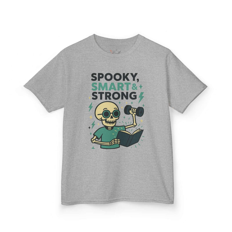 Spooky Smart & Strong Kids Tee featuring a playful skeleton design, perfect for Halloween and casual wear.