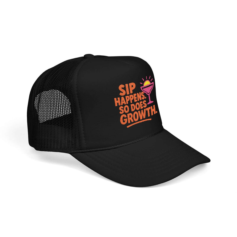 Sip Happens Foam Trucker Hat with vibrant embroidery, ideal for summer casual wear, stylish and breathable.
