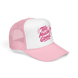 Too Much Good Trucker Hat in pink and white, trendy foam cap for summer fun and casual outings.