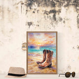 Rustic Cowboy Beach Digital Wall Art – Western Boots Sunset Print, Coastal Landscape Decor
