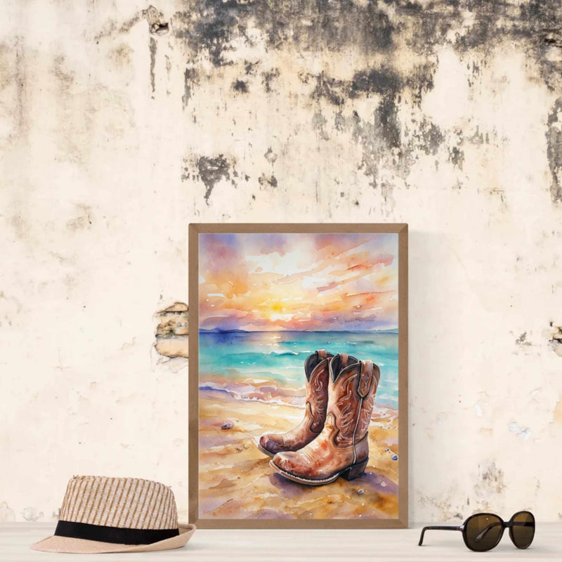 Rustic Cowboy Beach Digital Wall Art – Western Boots Sunset Print, Coastal Landscape Decor