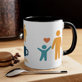 Mug with social icons on a wooden surface with coffee beans and a macaron.