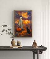 Printable Halloween Wall Art Ghost with Pumpkin and Black Cat at Sunset