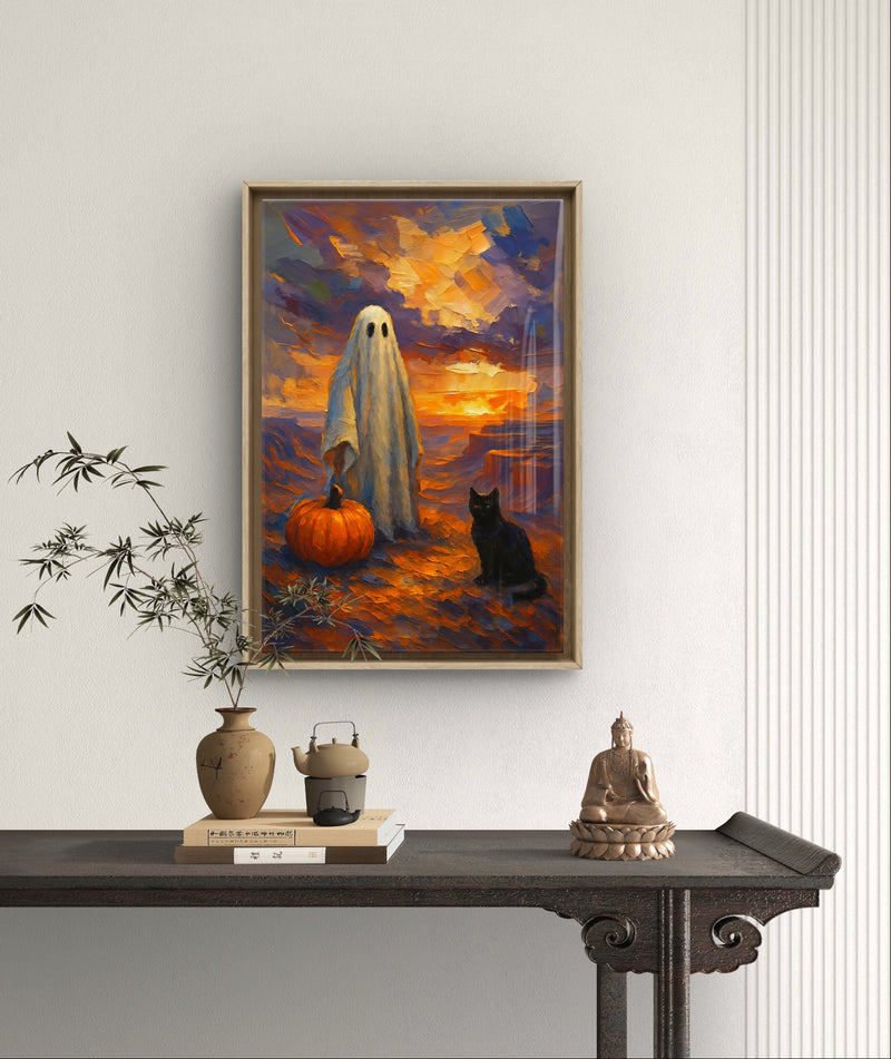 Printable Halloween Wall Art Ghost with Pumpkin and Black Cat at Sunset