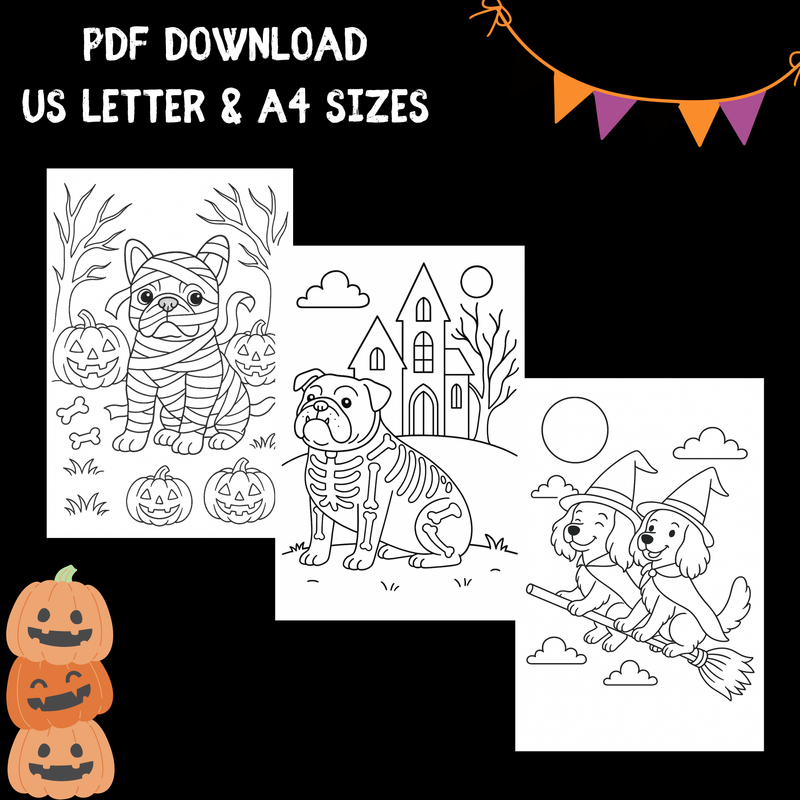 Halloween Dog Coloring Pages - 20 Printable Dog Breeds in Costumes + Bonus Design Page - Instant Download PDF