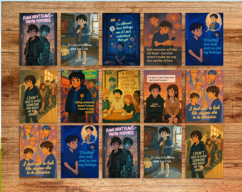Anime Affirmation Cards for Teen Boys – Confidence, Body Image & Crush Support, Set of 10 Digital Cards