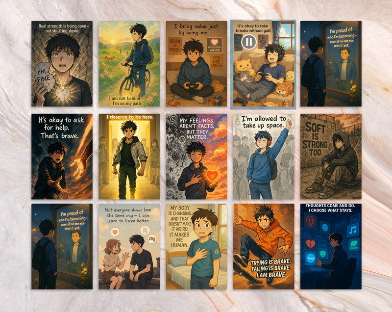 80 Anime Affirmation Cards for Teen Boys | Mental Health, Confidence, Body Image, Puberty, Bullying, Relationships & Academic Stress Set