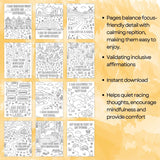 Neurodivergent coloring book pages featuring mindful affirmations for relaxation and creativity.