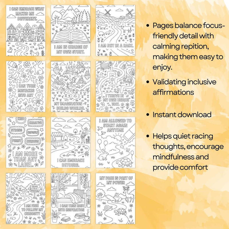 Neurodivergent coloring book pages featuring mindful affirmations for relaxation and creativity.