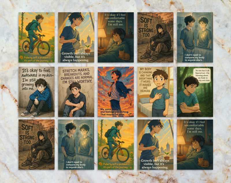 Anime Affirmation Cards for Teen Boys – Set 4 Puberty & Body Changes Printable
