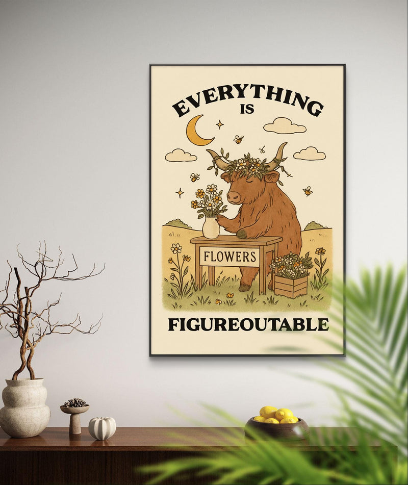 Highland Cow Inspirational Wall Art – “Everything Is Figureoutable” Motivational Poster Printable