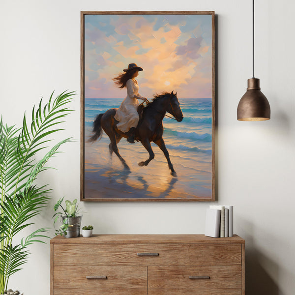 Boho Cowgirl Wall Art featuring a woman on horseback at the beach, perfect for coastal decor.
