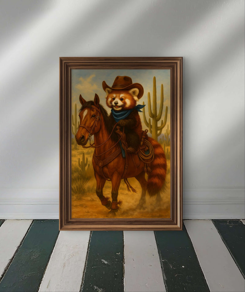 Cowboy Red Panda Digital Art Print,  Western Animal Wall Decor, Cute Rustic Country Style